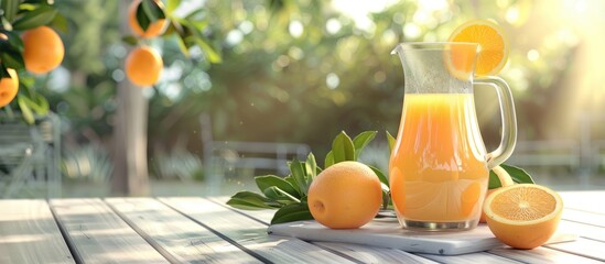 Poster - Outdoor setting with a white wooden table showcasing a glass jug filled with fresh orange juice leaving room for text in the image. Creative banner. Copyspace image