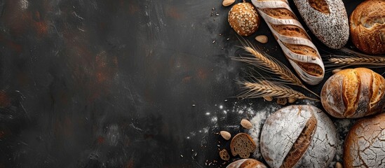Poster - Top view of assorted bread types creating a food concept with free space for text in the copy space image