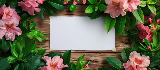 Wall Mural - Pink azalea and green basil flowers on a wooden surface with a blank paper sheet create a beautiful spring border in a top view copy space image