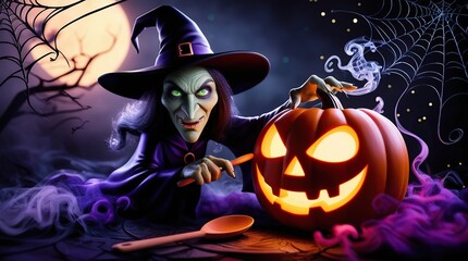 Wall Mural - Halloween themed cartoon background featuring a pumpkin and a witch