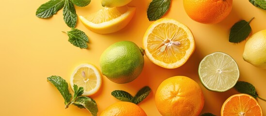 Aufkleber - Summer citrus fruits like orange tangerine lemon and lime with mint leaves on a yellow background create a trendy food concept with a top view layout featuring copy space image