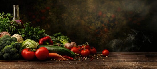 Poster - Variety of freshly harvested vegetables displayed on wooden table with copy space image