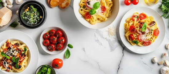 Poster - A selection of pasta dishes adorned with fresh ingredients beautifully presented on a clean white marble surface with a clear area for text or graphics known as a copy space image