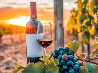 Shining glass and bottle of red wine and ripe grapes on table vineyard. Wine grapes in vineyard raw ready for harvest. Autumn pattern beautiful sunset sunlight. Luxury gourmet food drinks design. AI