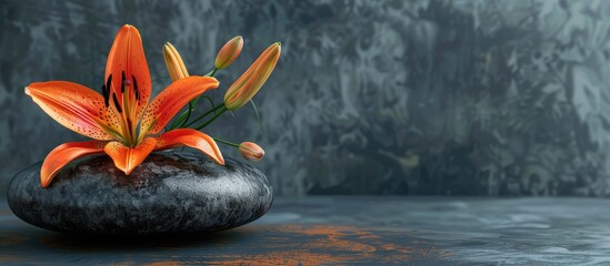 Canvas Print - Podium display featuring a black textured stone with an orange lily atop creates an elegant composition with copy space image