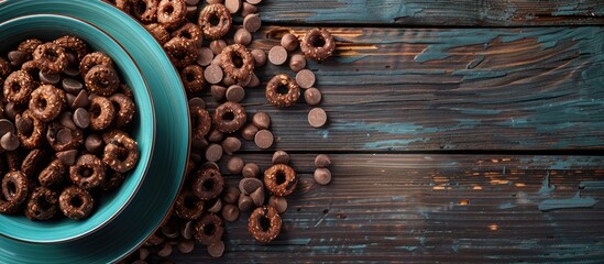 Poster - Natural cereal chocolate and corn rings served with milk in a plate on a rustic wooden background perfect for a copy space image
