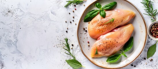 Poster - Chicken breast fillet presented on a plate against a bright background adorned with assorted spices and herbs A horizontal image focusing on white meat protein with copy space