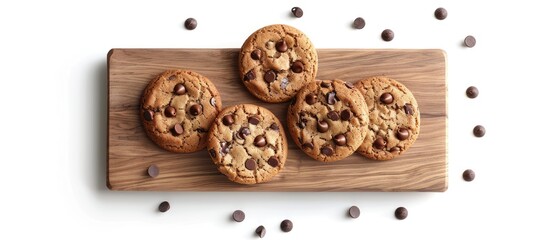 Aufkleber - Sweet cookies with chocolate chips displayed on a wooden board set against a white background creating a visually appealing copy space image