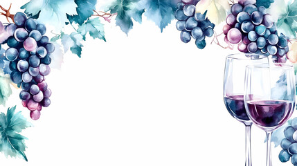 Wall Mural - Watercolor Grapes Wine Glasses and Vine Leaves Border