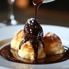 Poster - A plate of warm, golden profiteroles drizzled with decadent, rich chocolate sauce.