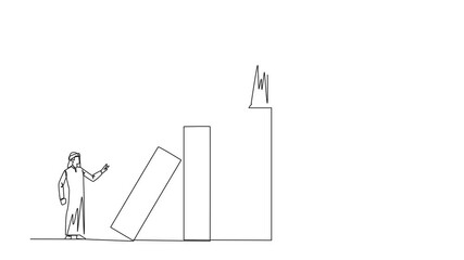 Poster - Animation of single one line drawing Arabian businessman standing on the bar lifting money bag. Fake partner. The envy friend. Sabotage happiness. The traitor on office. Full length motion