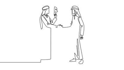 Poster - Animated self drawing of single continuous line drawing two Arabian businessmen shaking hands. One of them has two faces. Full of falsehood. Fake friend. Traitor. Full length single line animation
