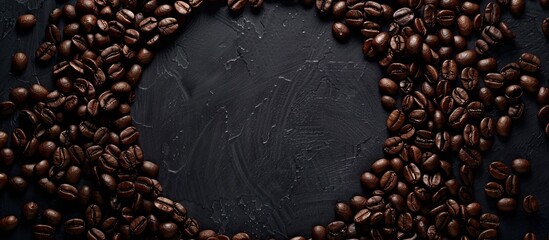 Poster - A circle frame made of richly roasted coffee beans against a dark backdrop with a copy space image