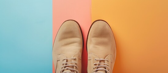 Poster - Top view of beige suede shoes against a colored backdrop with a space for adding images. Creative banner. Copyspace image