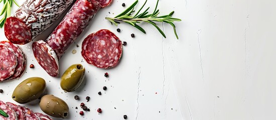 Aufkleber - French salami slices rosemary and olives on a white backdrop with room for text or images. Creative banner. Copyspace image