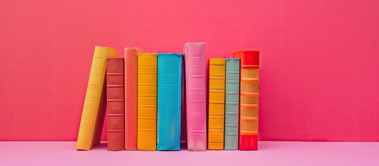 Poster - A variety of vibrant books displayed against a pink backdrop with ample copy space image