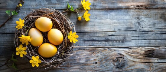 Aufkleber - Celebrate Easter with vibrant yellow eggs in a nest on a wooden table a creative top view decoration Enjoy the festive vibe with a copy space image