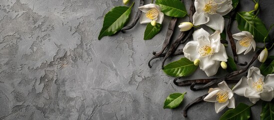 Aufkleber - Top view of vanilla pods leaves and flowers on a textured grey table with a designated area for text in the image. Creative banner. Copyspace image