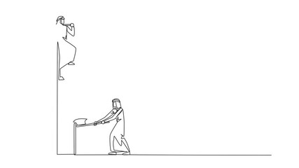 Poster - self drawing animation of single continuous line drawing arab businessman climbs ladder to achieve t