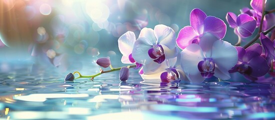 Aufkleber - Purple and white orchids set on a water surface ideal as a concept banner for spa products The serene image conveys a theme of mental relaxation and aromatherapy with copy space for text