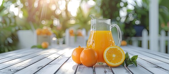 Poster - Outdoor setting with a white wooden table showcasing a glass jug filled with fresh orange juice leaving room for text in the image. Creative banner. Copyspace image