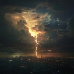 Wall Mural - A powerful lightning bolt strikes the city skyline during a dramatic storm.