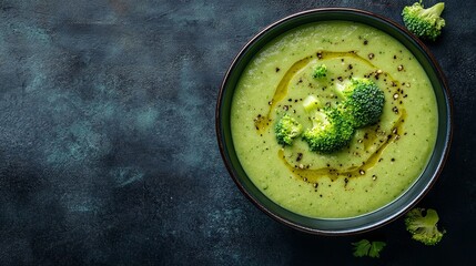 Canvas Print - Cream of broccoli soup in a wooden plate	