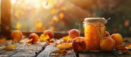 Poster - Autumn themed homemade peach jam in small jar with fruits on wooden table for fall preparations ideal for a copy space image