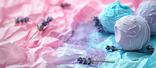 Poster - Colorful background with lavender bath bomb and crumpled paper ideal for copy space image