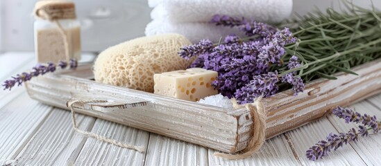 Poster - Close up shot of a wooden tray adorned with bath essentials like a sponge sea salt and lavender flowers on a white wooden backdrop with copy space image
