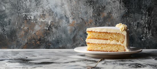 Poster - A lemon cake with sugary icing is elegantly presented on a white plate against a textured stone backdrop offering ample copy space for additional elements