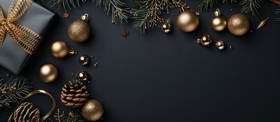 Aufkleber - Elegant Christmas table arrangement featuring gold and black decor a present and pine branch on a flat lay offering a top view with copy space image included