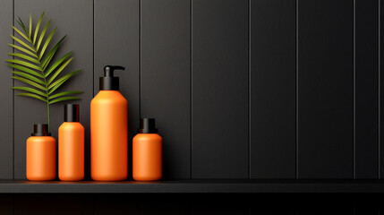 Stylish orange bottles arranged on a dark shelf, complemented by a green leaf for an elegant touch in modern decor.