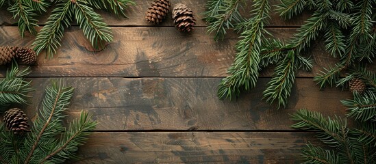 Aufkleber - Vintage style backdrop with pine leaves on aged brown wood for a copy space image