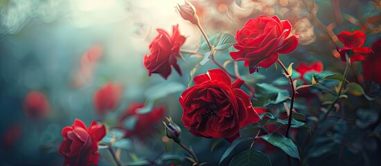 Aufkleber - Close up of red roses on a bush in the garden creating a stunning copy space image representing nature s beauty with delicate flowers symbolizing love