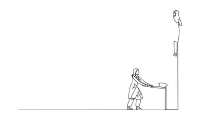 Poster - Animated self drawing of single continuous line drawing Arab businesswoman climbs ladder to achieve expected reward. Destroyed silently. Business failed to develop. Full length single line animation