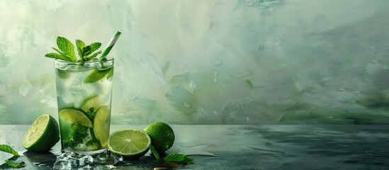 Aufkleber - Fresh Mojito cocktails garnished with lime and mint placed on a grey table with ample copy space image