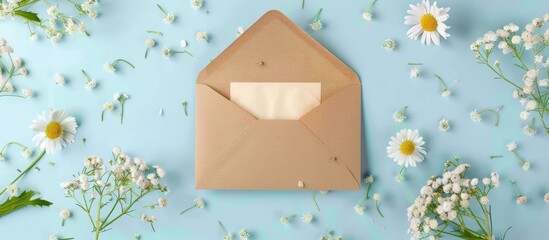 Aufkleber - White greeting card mockup with an envelope floral decorations on a blue pastel background and copy space image Featuring chamomile and gypsophila flowers for a creative touch
