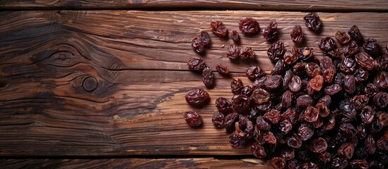 Poster - Top view of raisins on a wooden table ideal for text placement in the image Raisins are a nutritious snack option. Creative banner. Copyspace image