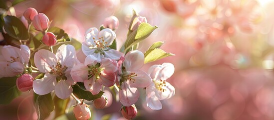 Sticker - Springtime brings beautiful white apple blossom alongside budding pink flowers creating a picturesque scene with copy space image