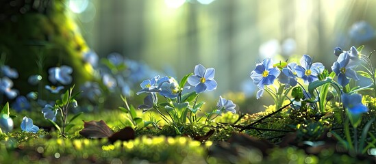 Poster - Close up shot of delicate blue primroses in a spring forest with copy space image