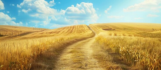 Poster - A scenic rural landscape with a trail through a golden field stretching towards the horizon framed by golden cornfields on one side and freshly plowed land on the other ideal for a copy space image