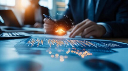 Poster - Business professional analyzing data trends with futuristic graphics in a modern office environment.