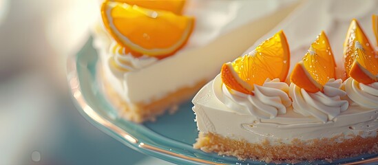 Poster - Detailed closeup image of a sliced orange dessert with ripe orange fruit garnish with copy space image