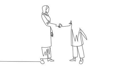 Poster - animated self drawing of single one line drawing two arab businesswomen shaking hands. one of them h