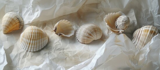 Aufkleber - Beige and gray shells rest on white paper with a natural backdrop for a copy space image