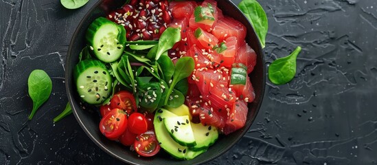 Aufkleber - Poke bowl featuring red fish avocado spinach cucumber and cherry tomatoes against a plain background for a copy space image