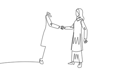 Poster - Self drawing animation of continuous one line drawing two Arabian businesswomen shaking hands. One of them has two faces. Full of falsehood. Fake friend. Worst teamwork. Betrayal. Full length animated