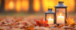 © enterdigital - Warm lanterns glow softly amidst autumn foliage, creating a cozy atmosphere perfect for fall. Ideal for seasonal themed projects.