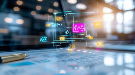 Poster - Futuristic data visualization with charts and graphs on digital screen in an office environment, showcasing analytics and trends.